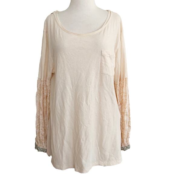 Free People Jade Long Sleeve Tee Top Cream 100% Cotton Floral Balloon Sleeve XS - Picture 2 of 7